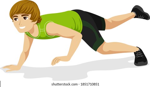 Illustration of a Teenage Guy Exercising and Walking like a Chameleon, Crawling with One Hand and Leg Up Moving Forward