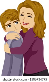 Illustration Of A Teenage Guy Feeling Awkward Being Hugged By His Mother