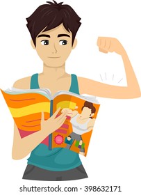 Illustration Of A Teenage Guy Flexing His Biceps While Reading A Magazine