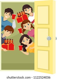 Illustration of Teenage Guy and Girl Behind Door Holding Beers