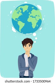 Illustration of a Teenage Guy with Hand on Chin and Thinking About the Earth