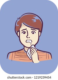 Illustration Of A Teenage Guy With Hands Drooling And  Holding Handkerchief To Wipe Saliva Off