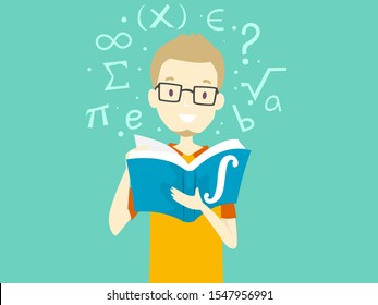 Illustration of a Teenage Guy Holding a Calculus Book with Different Signs and Symbols Behind