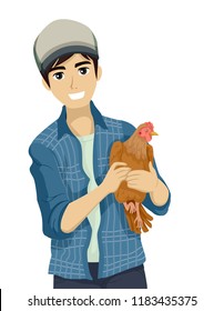 Illustration of a Teenage Guy Holding a Chicken in the Farm