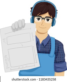 Illustration of Teenage Guy Holding His Plans and Measurements for His Woodworking Project
