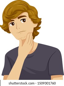 Illustration of a Teenage Guy Holding His Chin and Looking at His Facial Growth