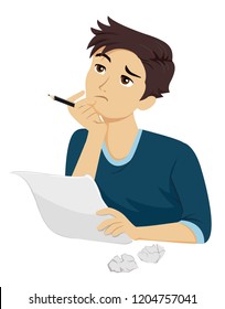 Illustration of a Teenage Guy Holding Pen and Paper Thinking of Something to Write