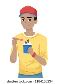 Illustration of a Teenage Guy Holding a Spoon and Eating Ice Cream Sundae