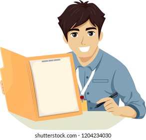 Illustration of a Teenage Guy Intern Holding a Pen and Showing a Blank File in a Folder