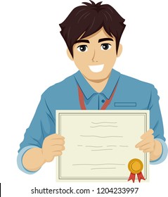 Illustration Of A Teenage Guy Intern Showing An Award Certificate He Received