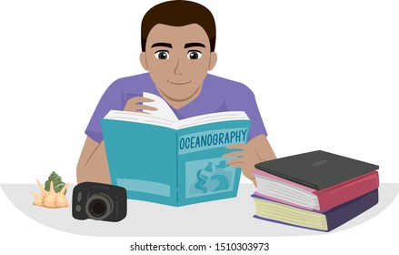 Illustration of a Teenage Guy Learning and Reading a Book About Oceanography