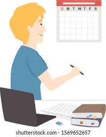 Illustration of a Teenage Guy Looking at the Calendar Marking Study Plan with Books and Laptop On Desk