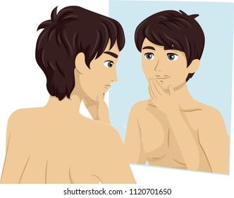 Illustration Of A Teenage Guy Looking A Facial Hair Growth In The Mirror During His Puberty