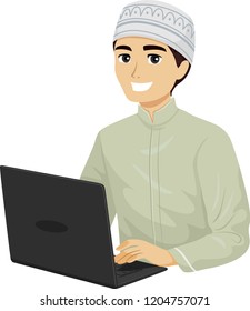 Illustration of a Teenage Guy Muslim Using Laptop