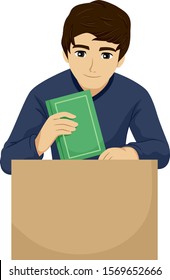 Illustration of a Teenage Guy Packing Books inside a Cardboard Box