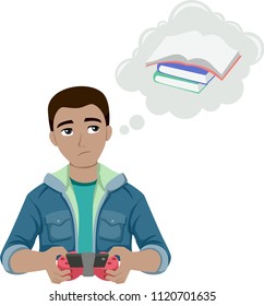 Illustration of a Teenage Guy Playing Video Games and Thinking of the Books He Need to Study