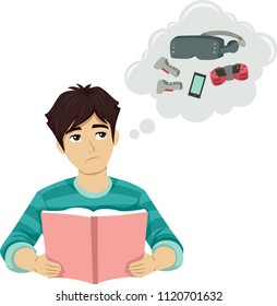 Illustration of a Teenage Guy Reading a Book and Thinking of Games He Want to Play