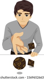 Illustration of a Teenage Guy Rolling Polyhedral Dice, One Circle and Two Diamond Shape Dice