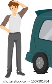 Illustration of a Teenage Guy Scratching His Head and Looking at a Flat Tire. Millennial Skill Gap No Knowledge Basic Tire Replacement