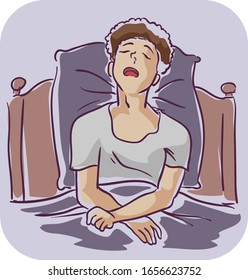 Illustration of a Teenage Guy Sleeping Sitting Down in Bed with Runny Nose