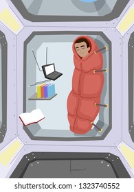 Illustration of a Teenage Guy Sleeping in the Space Station