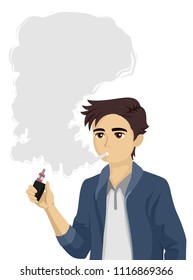 Illustration of a Teenage Guy with Smoke Coming Out of His Mouth, Smoking and Using Electronic Cigarette