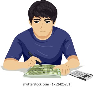 Illustration eines Teenage Guy Solving Mathe Problem auf Graph Notebook mit Rechner in der Nähe von ihm