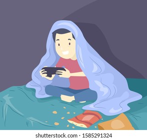 Ilustración de un adolescente que se levanta tarde por la noche, sentado en la cama con chispas dispersas, cubierto de manta y jugando videojuego