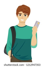 Illustration of a Teenage Guy Student Holding a Credit or Debit Card