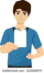 Illustration of a Teenage Guy Student Showing His Blank School ID