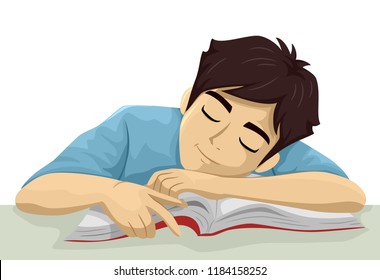 Illustration of a Teenage Guy Student Sleeping Over an Open Book While Studying