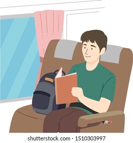 Illustration of a Teenage Guy Student Studying and Reading a Book to School