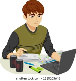 Illustration of a Teenage Guy Studying for Exams with Notes, Laptop, Drinks and Markers