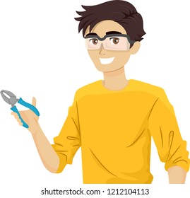 Illustration of a Teenage Guy Technician Wearing Goggles and Holding Pliers