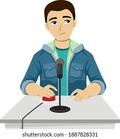 Illustration of a Teenage Guy Thinking and Holding Button on Question and Answer Game