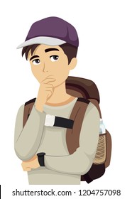 Illustration of a Teenage Guy Thinking with a Travel Backpack