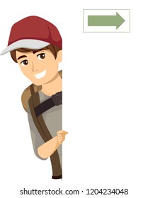 Illustration of a Teenage Guy with Travel Backpack Showing a Blank Board with Arrow Pointing to the Right