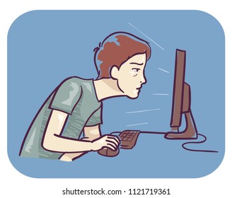 Illustration of a Teenage Guy Using a Computer, Reading the Text in the Monitor Really Close