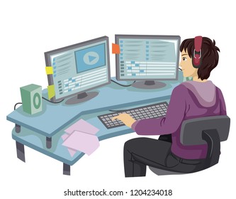 Illustration of a Teenage Guy Using Computer Editing Video on Multiple Monitors