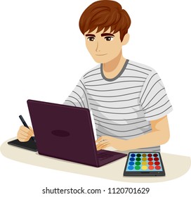 Illustration of a Teenage Guy Using Digital Pen, Laptop and Color Palette