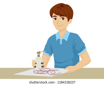 Illustration of a Teenage Guy Using a DIY Art Robot and Drawing Circles