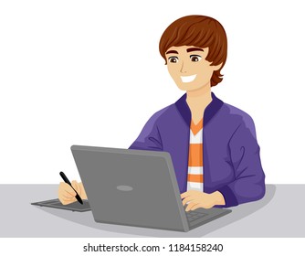 Illustration Teenage Guy Using Laptop Graphic Stock Vector (Royalty ...