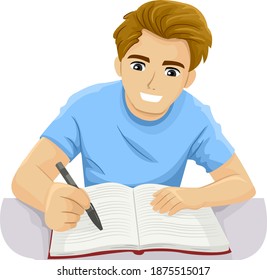 Illustration of a Teenage Guy Using Pen to Point for Speed Reading