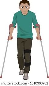 Illustration of a Teenage Guy Walking with Crutches and a Leg Brace on His Left Leg