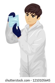 Illustration of a Teenage Guy Wearing Forensic Gown and Gloves Holding Evidence in Plastic
