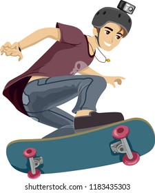 Illustration of a Teenage Guy Wearing Helmet with Video Camera Capturing His Moves in Skateboarding