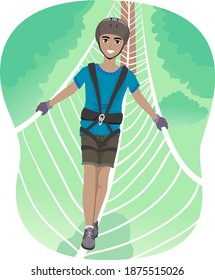 Illustration of Teenage Guy Wearing Helmet and Safety Belts Crossing the Burma Bridge Adventure Outdoors