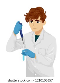 Illustration of a Teenage Guy Wearing Lab Gown Dropping Liquid to a Test Tube