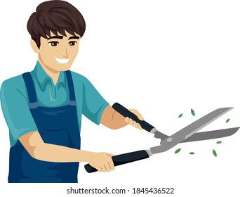 Illustration of a Teenage Guy Wearing Overalls and Using Grass Shears in Landscaping, Gardening