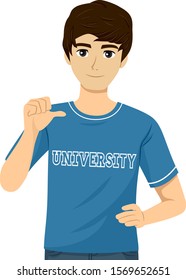 Illustration of a Teenage Guy Wearing and Pointing To His University Shirt